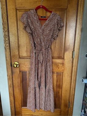 Brown Spot Print V-Neck Ruffle Maxi Dress